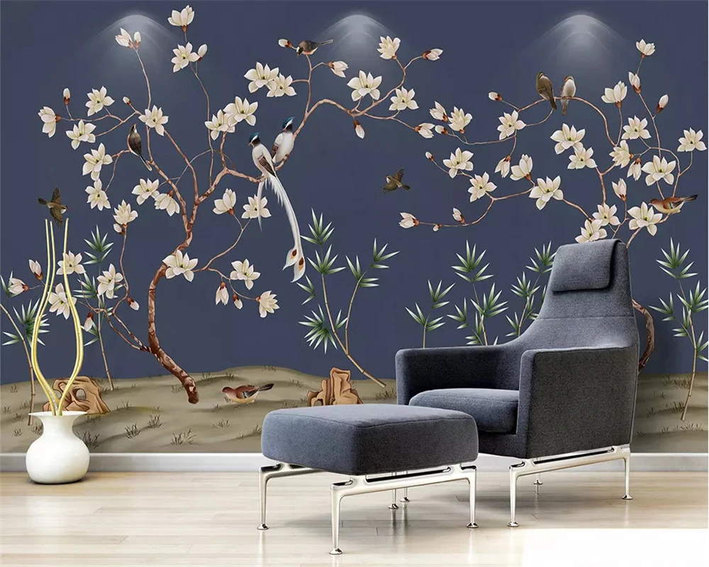 

beibehang Custom fashion decorative painting wallpaper magnolia hand-painted flowers birds new Chinese background papier peint