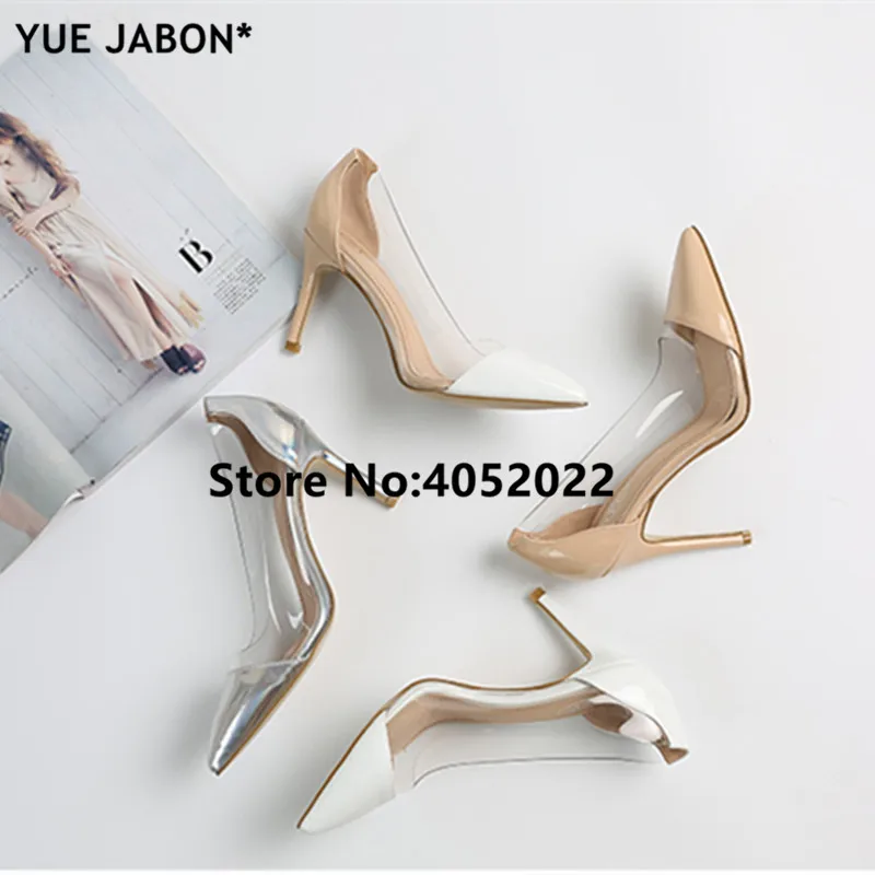 YUE JABON Nude Patent Leather Transparent Pumps Clear PVC Spring High Heels Women Shoes Pointed Toe Stiletto-Heeled Party Shoes