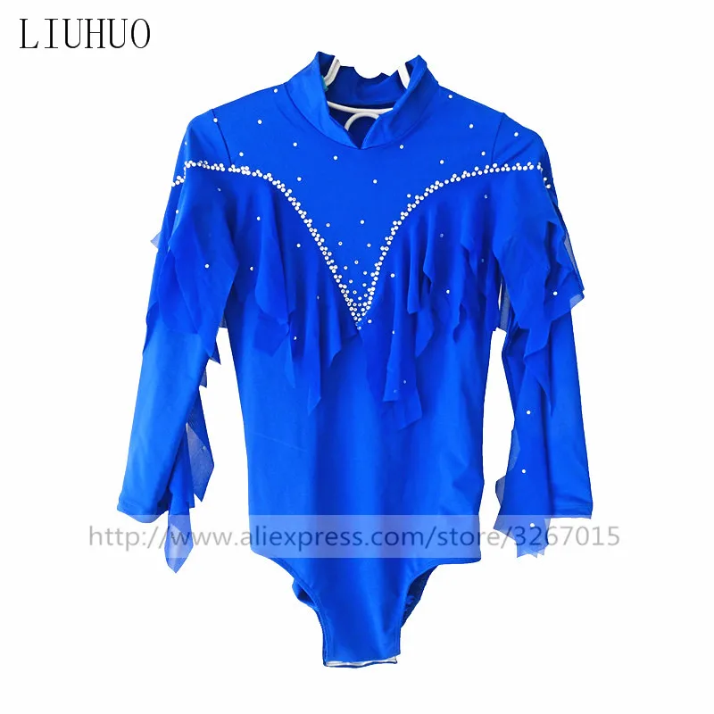 LIUHUO Ice Figure skating Men Boys Performance Clothing Match Suit Blue Costume Dance Leotard Long Sleeve Roller Competition Kid