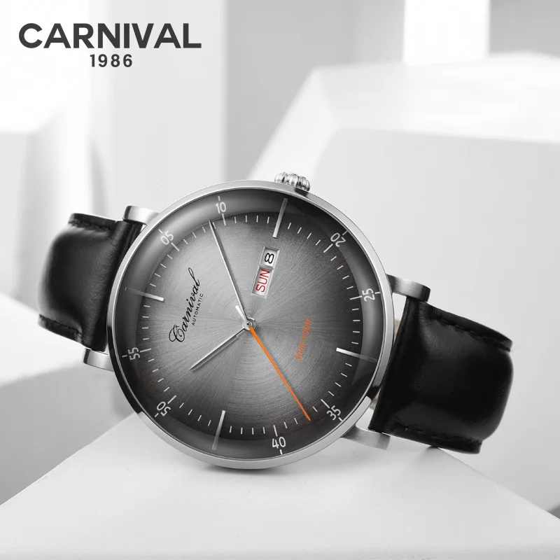 Fashion Ultra thin Mechanical Watch Men CARNIVAL Automatic Watch Self Wind MIYOTA Movement Leather Band Calendar Week Sapphire