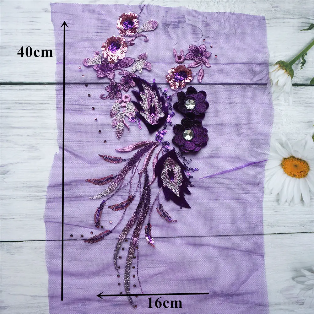 40 CENTIMETRI Viola Paillettes 3D Fiori Nappa Lace Trim Maglia di Strass Cucire Su Toppe e Stemmi Ricamo Per La Cerimonia Nuziale Decorazione