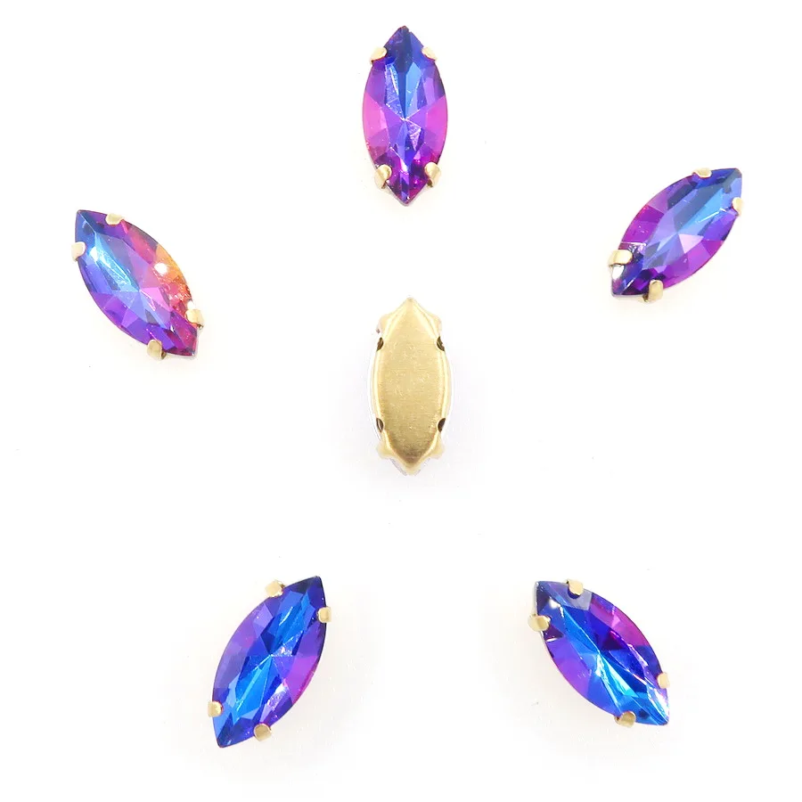 Navette-förmige Goldkrallenfassungen, 20 Stück, Regenbogenfarbene Glaskristalle, 7*15mm, zum Aufnähen, Pferdeaugen-Kristalle, für Taschen, DIY-Besatz – Detail 2