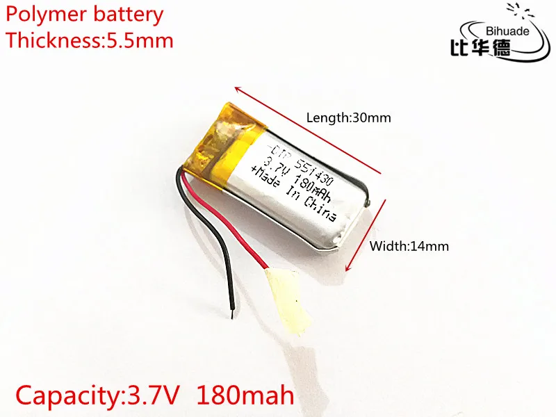 5pcs/lot 551430 501430 3.7v 180mah LiPo Rechargeable Battery ion cells For Mp3 Mp4 Mp5 DIY PAD E-book bluetooth headset