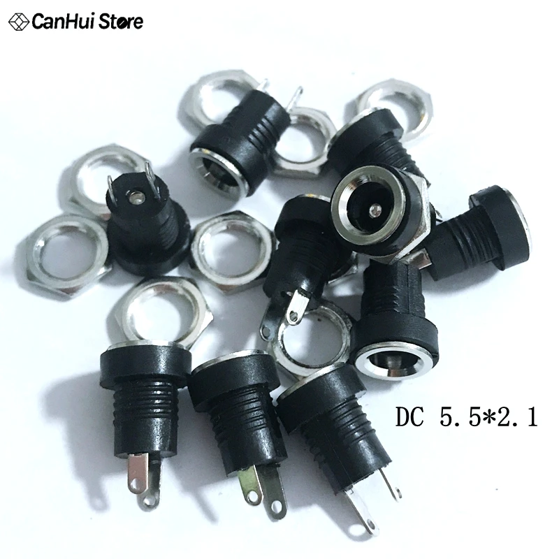 10Pcs 3A 12v for DC Power Supply Jack Socket Female Panel Mount Connector 5.5mm 2.1mm Plug Adapter 2 Terminal types 5.5*2.1