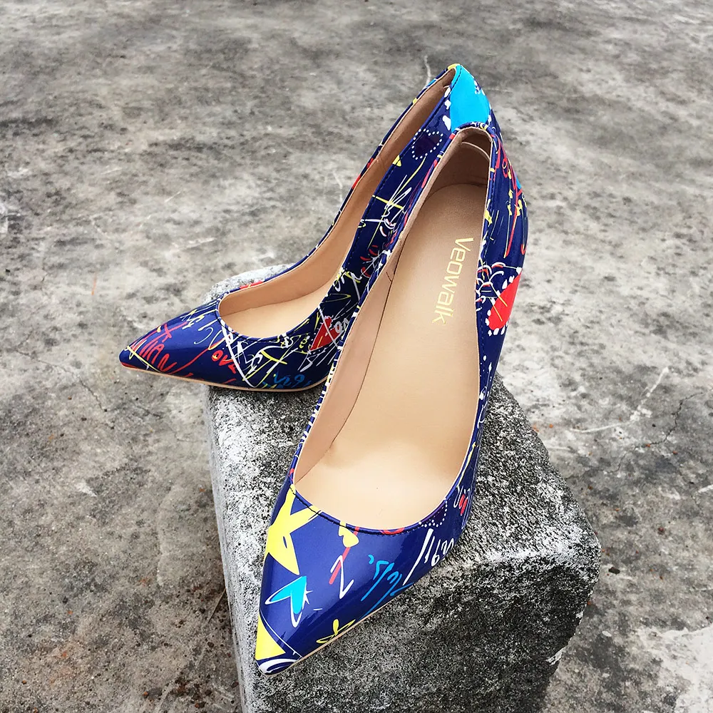 Veowalk Artistic Graffiti Colorful Women Pumps Sexy Stiletto high heels Spring Wedding Party Woman Shoes sapato feminino Blue