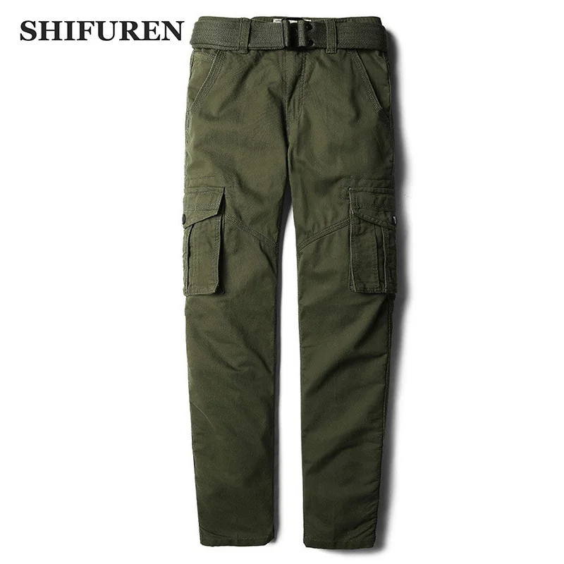 

SHIFUREN Casual Men's Tactical Cargo Pants Cotton Baggy Overalls Trousers Multi-pockets Military Pants Full Length With Belt