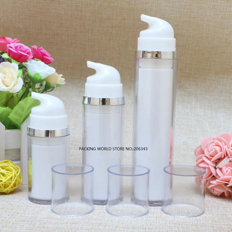 15ml white double layer  airless  bottle with transparent lid silver/gold line for serum/lotion/emulsion/foundation packing