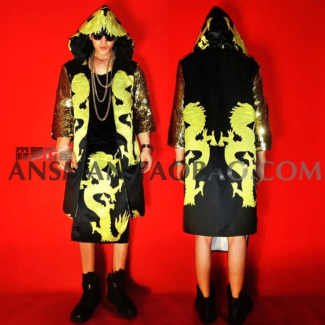 

New Bar Nightclub Men Singer Hooded Jacket DJ Party Chinese Style Black Gold Robes Outerwear Hip Hop Coats Male Costume Suits