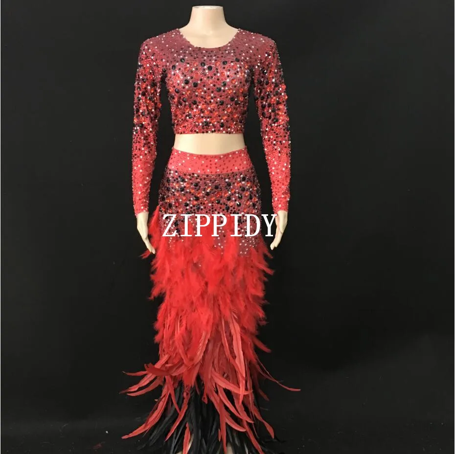 Red Rhinestones T-shirt Feather Long Skirt Birthday Celebrate Clothes set Prom Party Bar Women Dancer Outfit Set