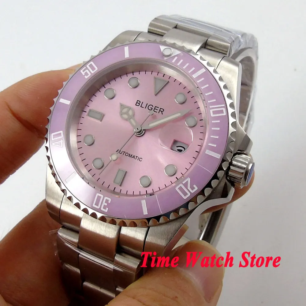 

Bliger 40mm Automatic Watch for Men Pink Dial Sapphire Crystal Miyota8215 PT5000 Date Cyclops Ceramic Bezel Relógio masculino