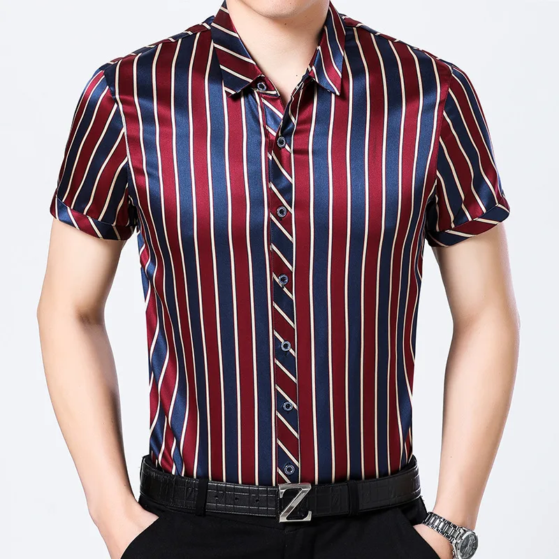 New Summer Wear 95% natural Silk Shirt, Men's Short Sleeved Striped, Half Sleeved, Loose Silk Shirt.