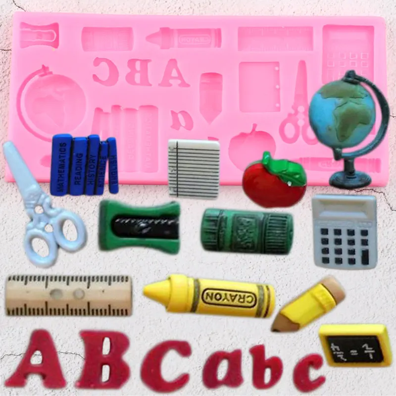 School Silicone Molds Globe Study Book Scissor Pen Fondant DIY Cake Decorating Tools Candy Clay Chocolate Gumpaste Moulds