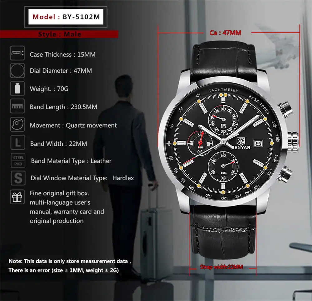 BENYAR New Fashion Chronograph Genuine Leather Sport Mens Watches Top Brand Luxury Military Quartz Watch Clock Relogio Masculino