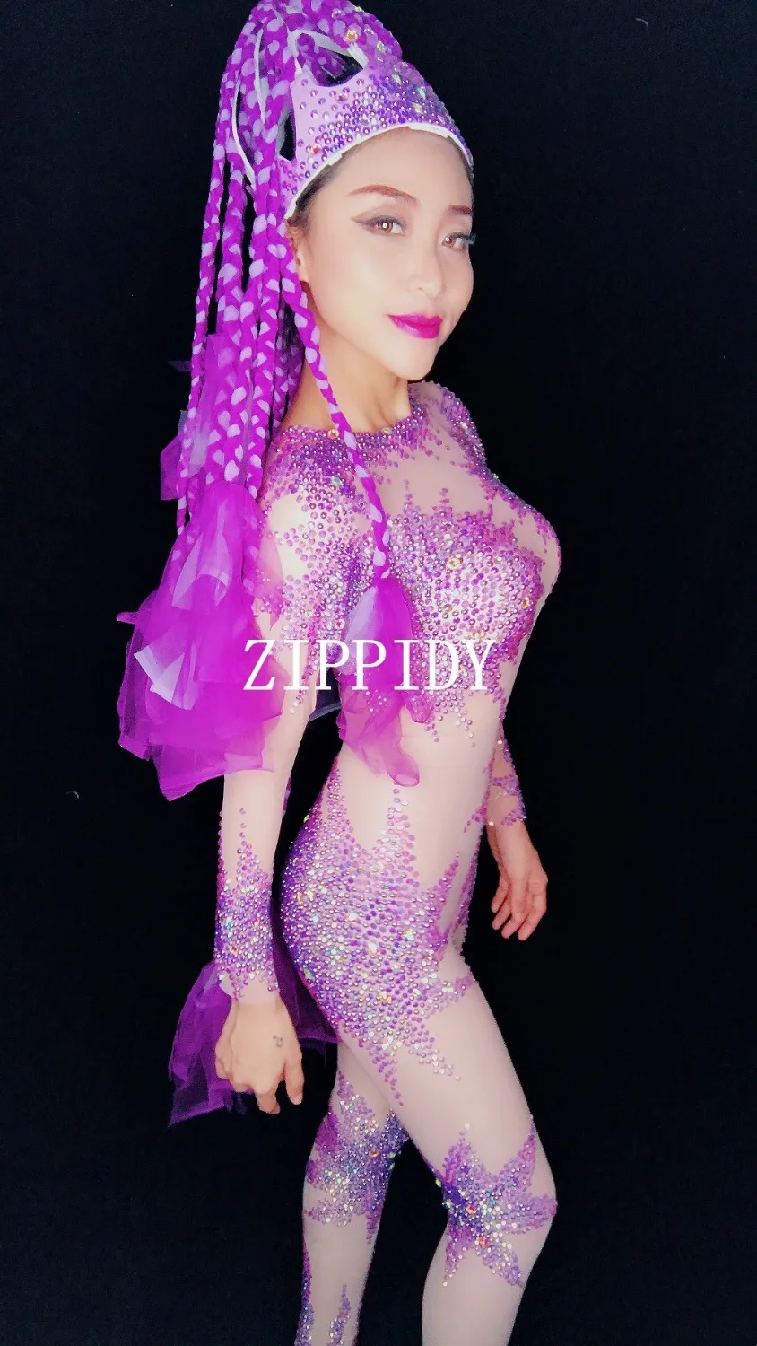 สีชมพู Rhinestones ที่มีสีสัน Jumpsuits เซ็กซี่ตาข่าย Bodysuit Stage Dance Wear สุภาพสตรีฉลองชุดเซ็กซี่