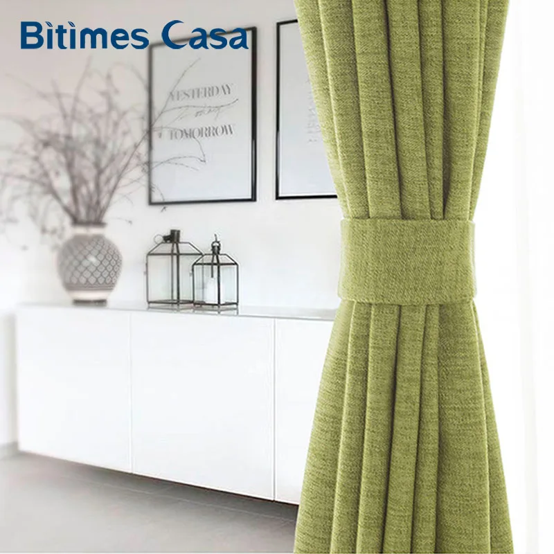 Genuine Linen Blackout Window Curtain Solid Color For Living Roon Bedroom Curtain Grass Green Color Elegant Home Decoration