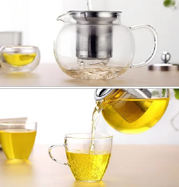 1PC 6 Capacity 350ml,500ml,650ml,800ml,950ml,1300ml Hear Resistant Glass Teapot Cup with Stainless Steel Infuser and Lid JN 1032