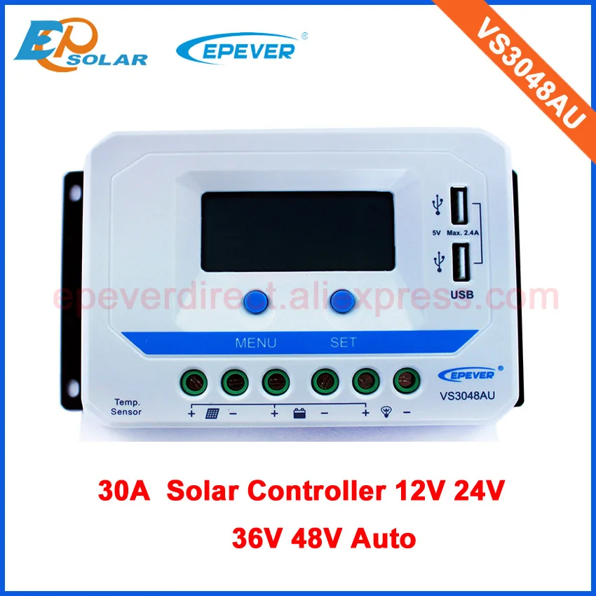 PWM 30A 30amp VS3048AU with lcd display 12v/24v/36v/48v automatic work solar panel controller bulit in USB output