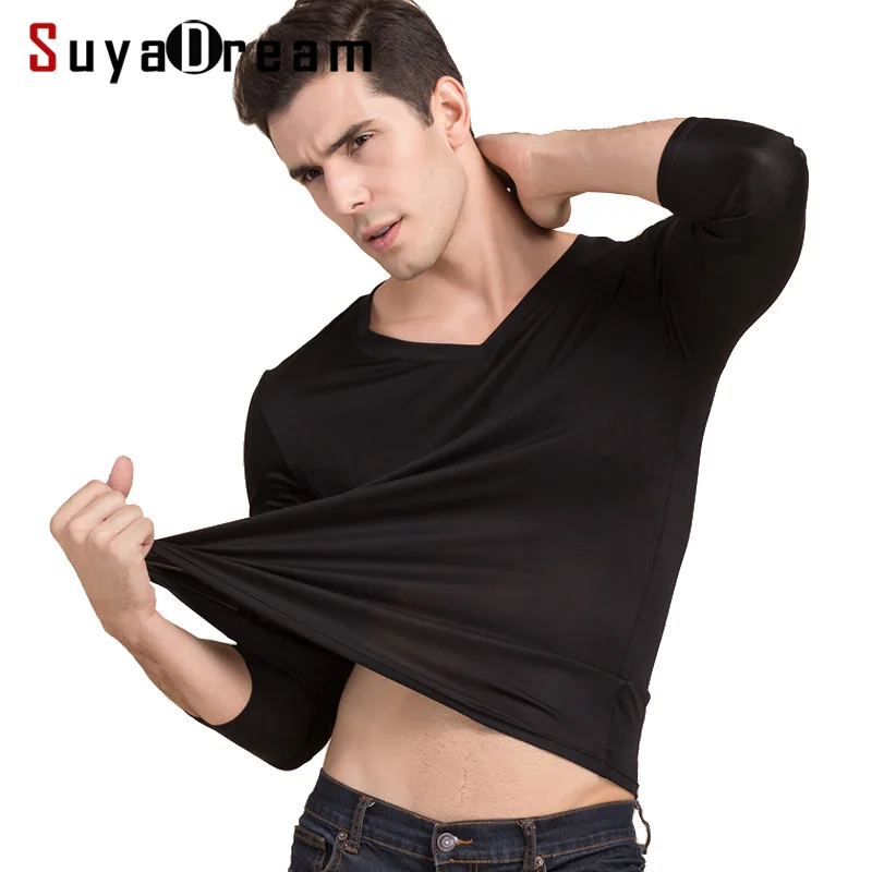 Men basic T shirt 100%Natural Silk V neck Solid shirt long Sleeve top Mens silk top White Black Grey 2022 New Spring Summer