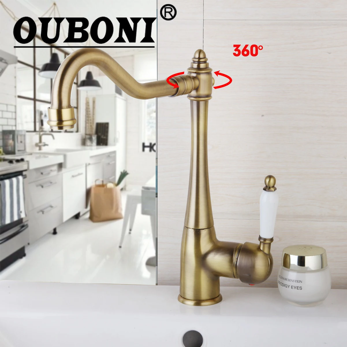 

OUBONI Antique Bronze Kitchen Faucet Swivel Spout Bathroom Basin Tap 360 Rotatable Deck Mounted Kitchen Hot And Cold Mixer Taps