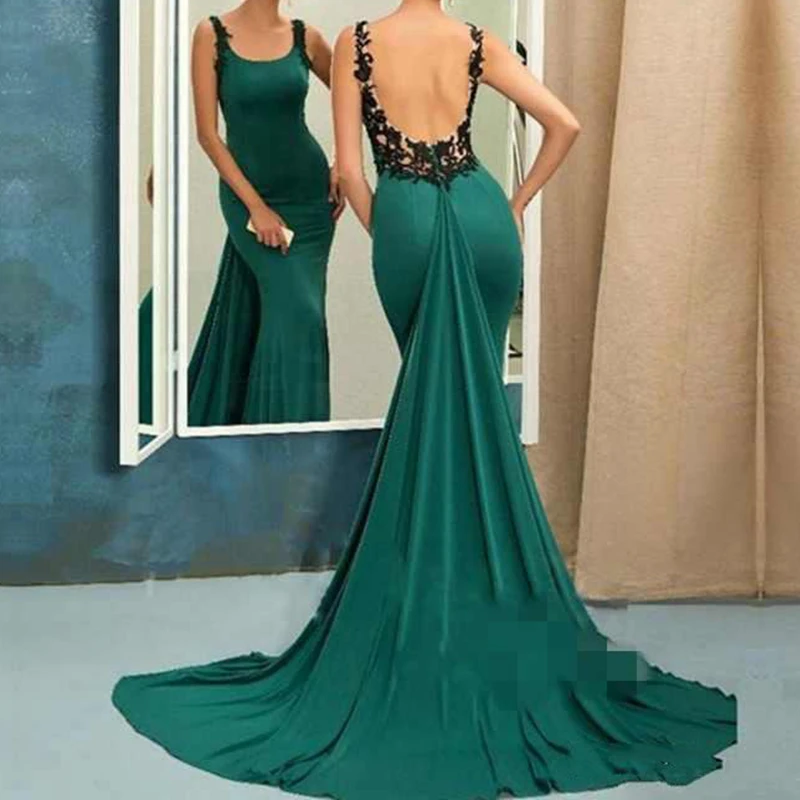 2021 Sexy Long Sleeves Mermaid Prom Dresses Scoop Neck Lace Appliques Sexy Backless Formal Evening Gowns Party Dresses