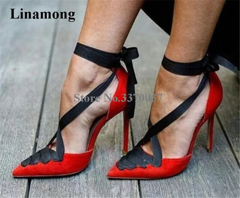 

New Design Women Fashion Pointed Toe Red Suede Leather Thin Heel Pumps Lace-up Ankle Strap High Heels Club Dress Shoes