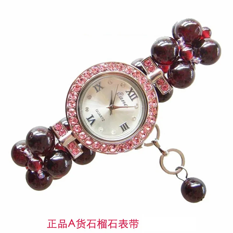 2019 Round Dial Natural Garnet Watch Strap Beautiful Bracelet Watch Wine Red Crystal Watch Quartz Watch