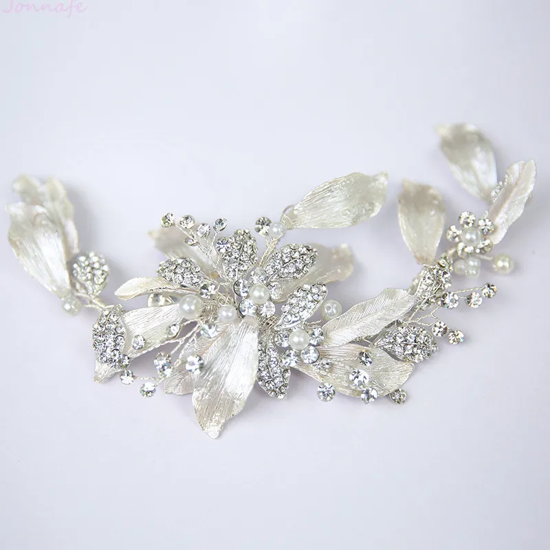 Jonnafe ใจกว้างเงินสี Leaf Barrette Rhinestone Headpiece ชุดเจ้าสาวแบบมีสายงานแต่งงานคลิปผมอุปกรณ์เสริม