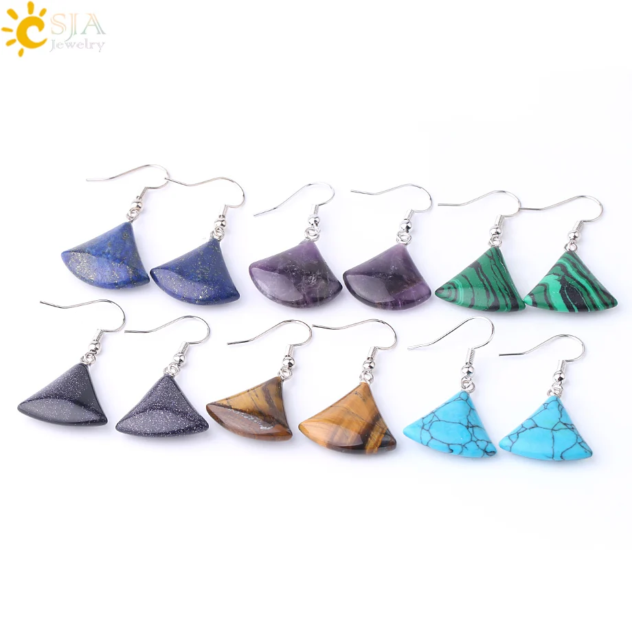 1pc Natural Stone Drop Earrings for Women Small Fan-shaped Earring Purple Pink Quartz Lapis Lazuli Crystal Tiger Eye F828