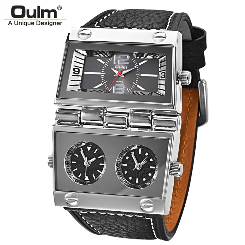 Oulm Three Time Zone 2 Dials Sport Watches Men Big Quartz Clock Male Genuine Leather Casual Military Wristwatch Man