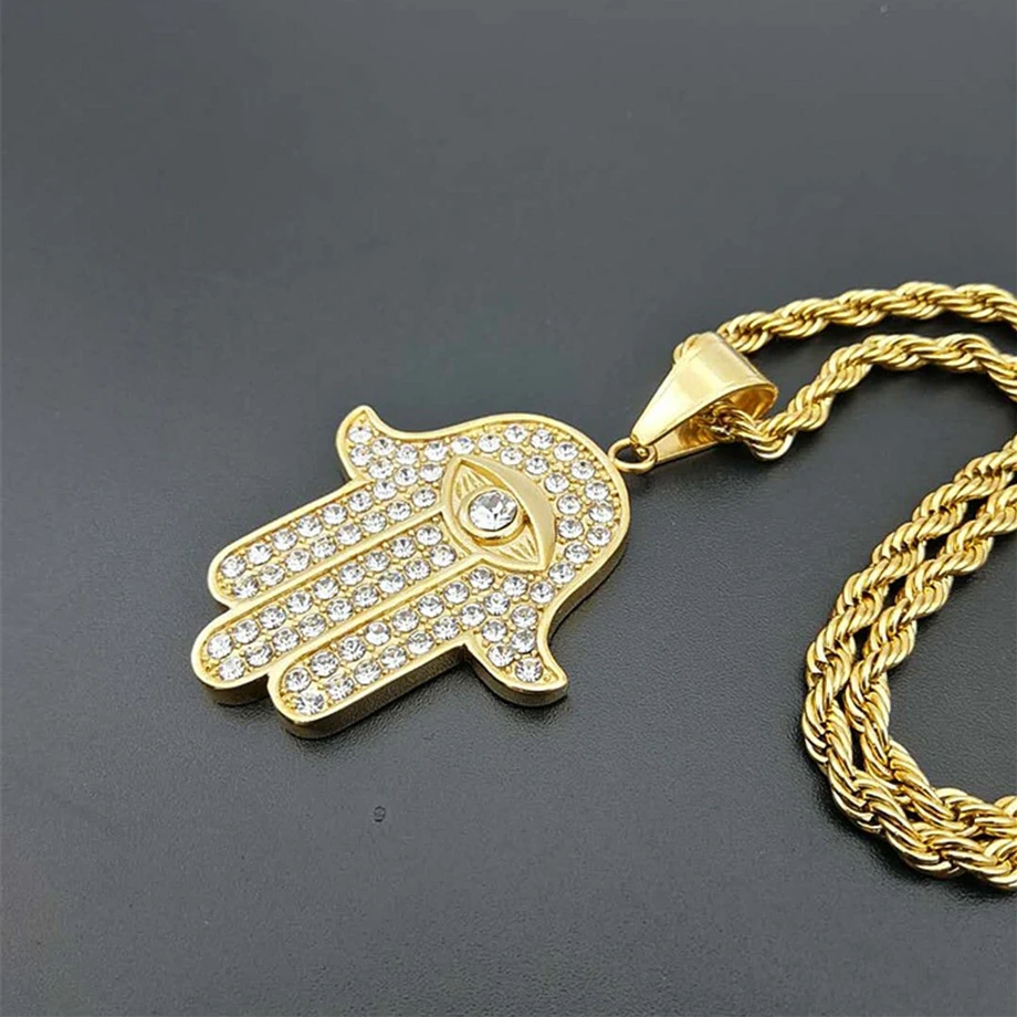 Hamsa Hand of Fatima Necklace Pendant & Chain For Men Women\'s Gold Color Stainless Steel Palm Necklaces Turkish Jewelry Gift