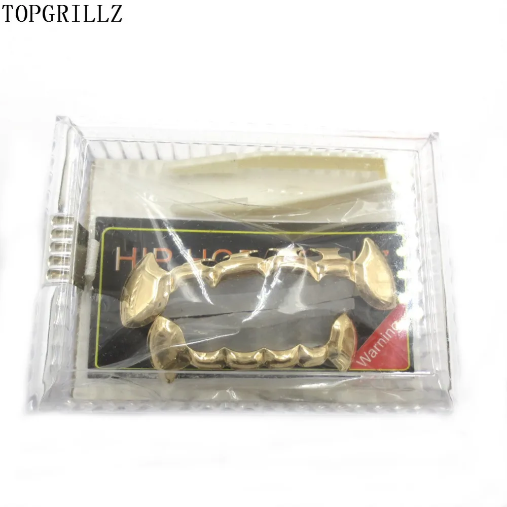 TOPGRILLZ Fang Grillz Set Gold Color Plated Half Teeth Dracula Vampire Fangs Slim Grills Gold Top & Bottom Grillz Teeth Set