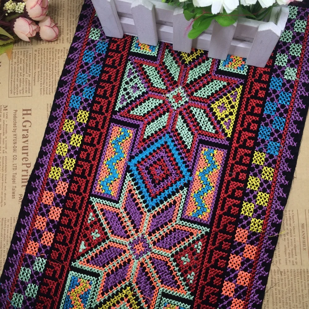 miao cross stitch crochet fabric lace trim 24cm dress collar ribbon tape webbing ethnic tribal nepal thai india boho gypsy DIY
