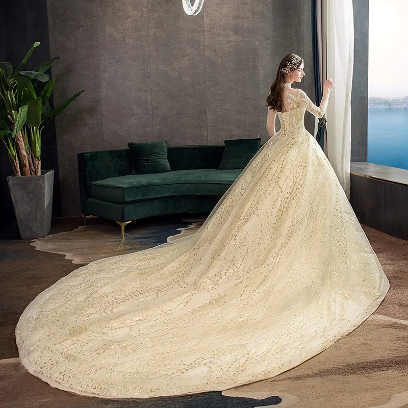 Nuovo oro di lusso lungo treno collo alto manica intera abito da sposa in pizzo Applique brillante Plus Size abito da sposa Robe De Mariee L