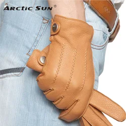 Fashion Luxury Men Deerskin Gloves Button Wrist Solid Genuine Leather Male Winter Driving Glove Free Shipping Em012wr