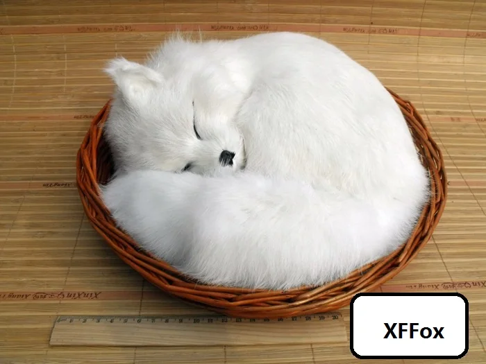 big real life sleeping fox model plastic&furs simulation white fox in a basket gift about 28x28cm xf1796