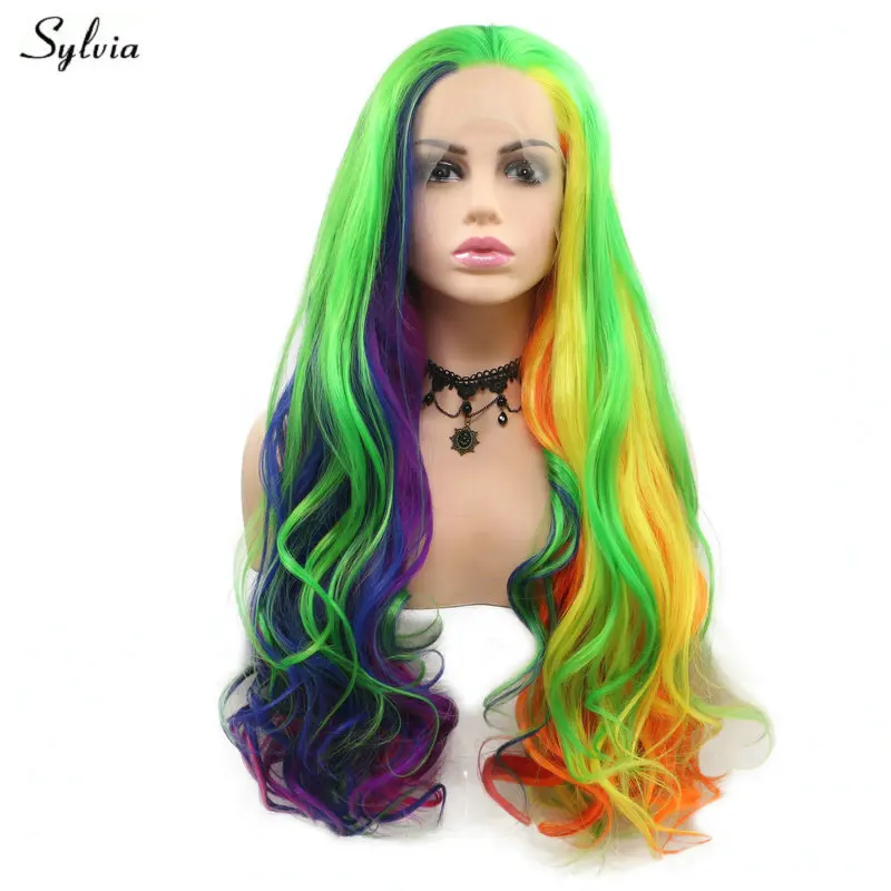 

Sylvia Long Wavy Wig Female Cosplay Party Drag Queen Synthetic Lace Front Wigs For Women Bright Green Yellow Purple Blue Orange