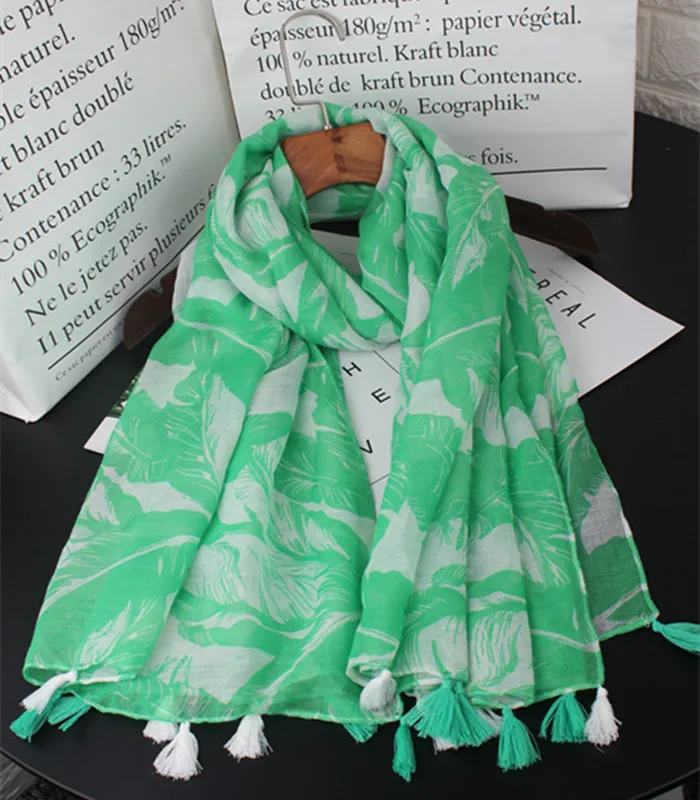 

2018 New Big Leaf Pattern Tassel Scarves Shawls Women Green Leaves Foulard Tassel Muffler Hijab Muffler Wholesale 10pcs/lot