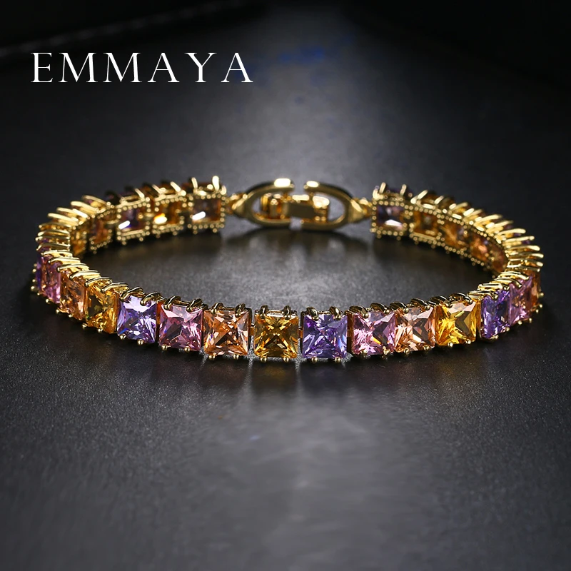 Emmaya AAA+ Elegant Square Multicolor CZ Tennis Bracelets for Woman Champgne Gold Color Princess Cut CZ Wedding Jewelry