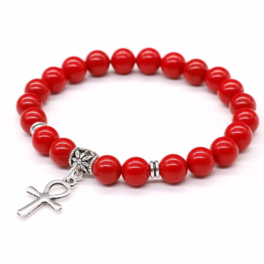 Red cinnabar Stone Beads Bracelet , Natural Stone White Tridacna Egyptian Ankh  Cross Pendent Jewelry For Women and Men Bracelet