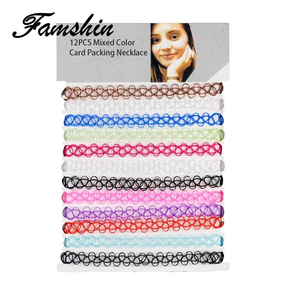 FAMSHIN 12PCS Hot Sell Vintage Hippy Stretch Tattoo Choker Necklace Elastic Chocker Necklace Fishing Line Tattoo Necklace