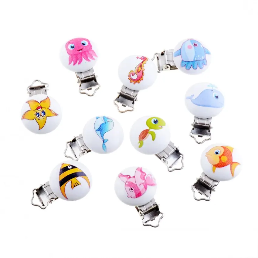 5PCs Baby Pacifier Clips Lovely Sea Animals Pattern Wood Metal Holders Cute Infant Soother Clasps Funny Accessories 4.8x2.9cm