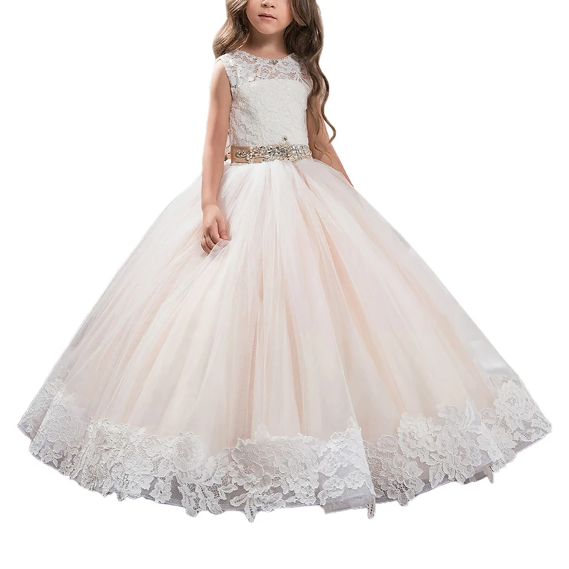 Kids Holy Communion Dresses For Wedding Birthday Party Bling Bling Crystals Belt O Neck Bow Button Flower Girl Long Pageant Gown