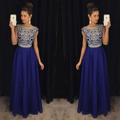 Royal Blue Beaded Crystal Prom Dresses Long  vestidos de fiesta largos elegantes de gala A Line Imported Party Dress