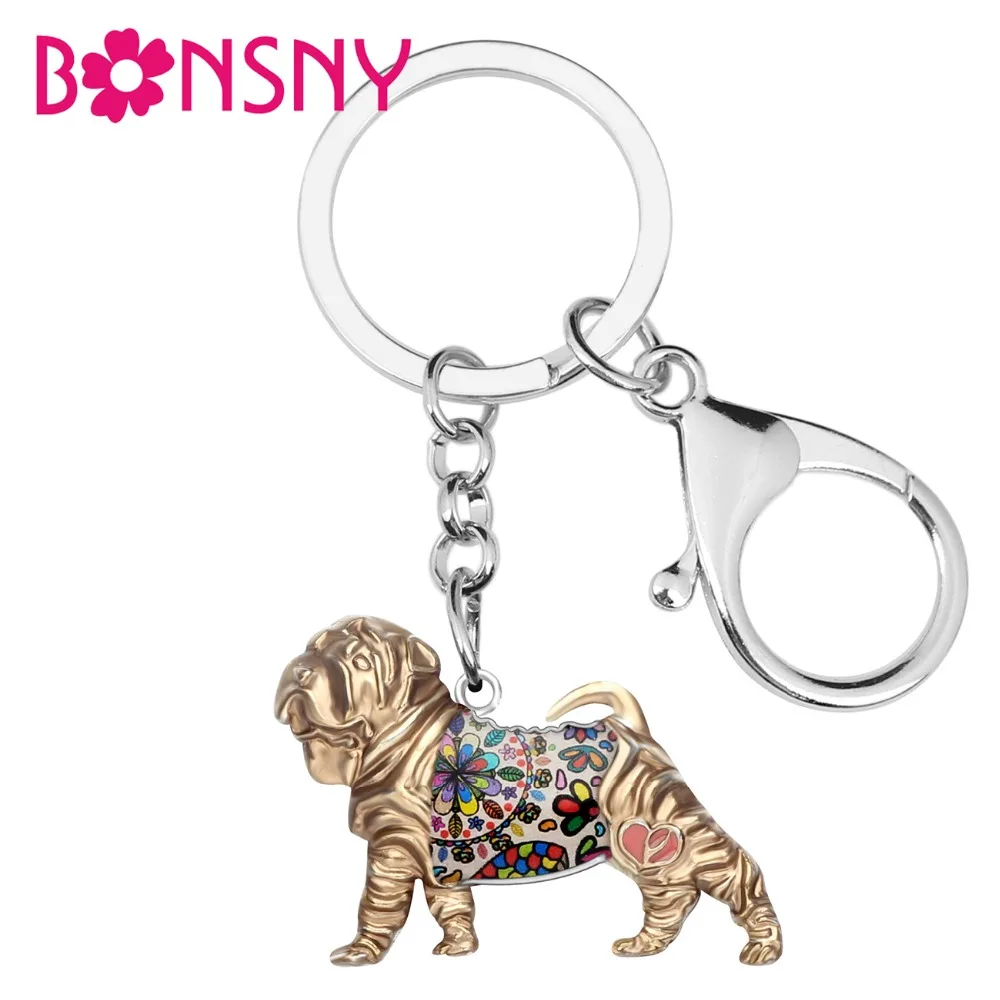 Bonsny-llaveros de perro SharPei chino de aleación esmaltada, soporte de llavero, joyería de animales para mascotas, colgante de dijes para bolso de regalo para mujeres y niñas