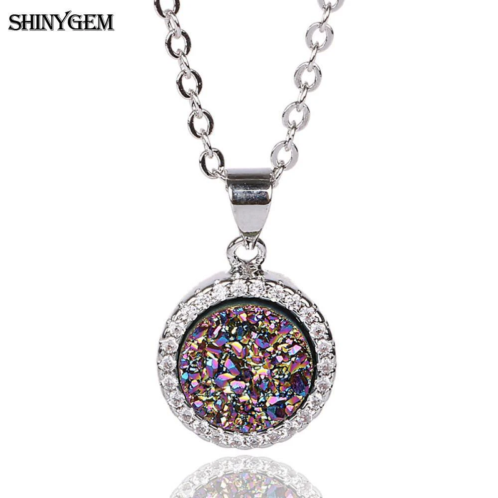 

ShinyGem Fashion 13mm Round Natural Crystal Druzy Pendant Pave Silver Plated Rhinestone Gem Stone Necklaces For Women