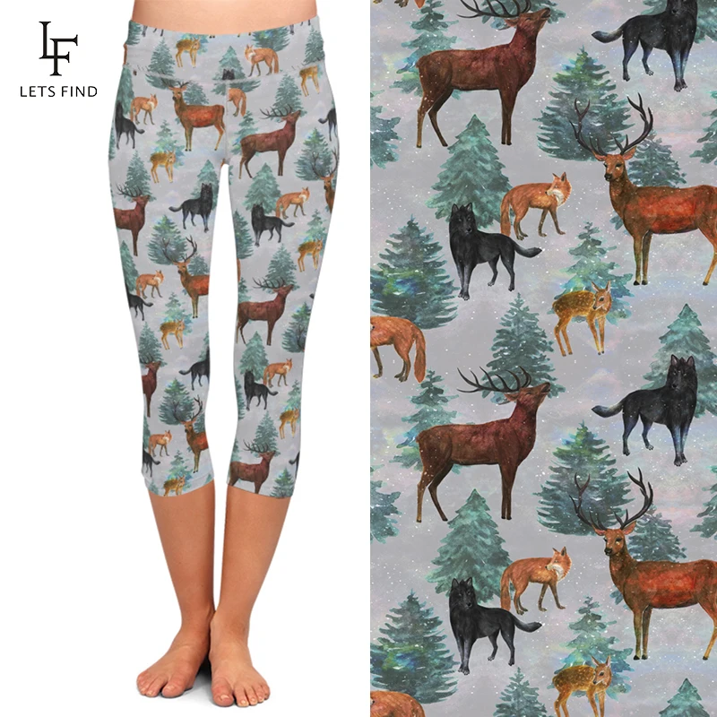 LETSFIND Legging Kapri Wanita Desain Baru Musim Panas Pinggang Tinggi 3D Milu Rusa & Rubah & Anjing Cetak Pertengahan Betis 3/4 Celana Legging Gerakan