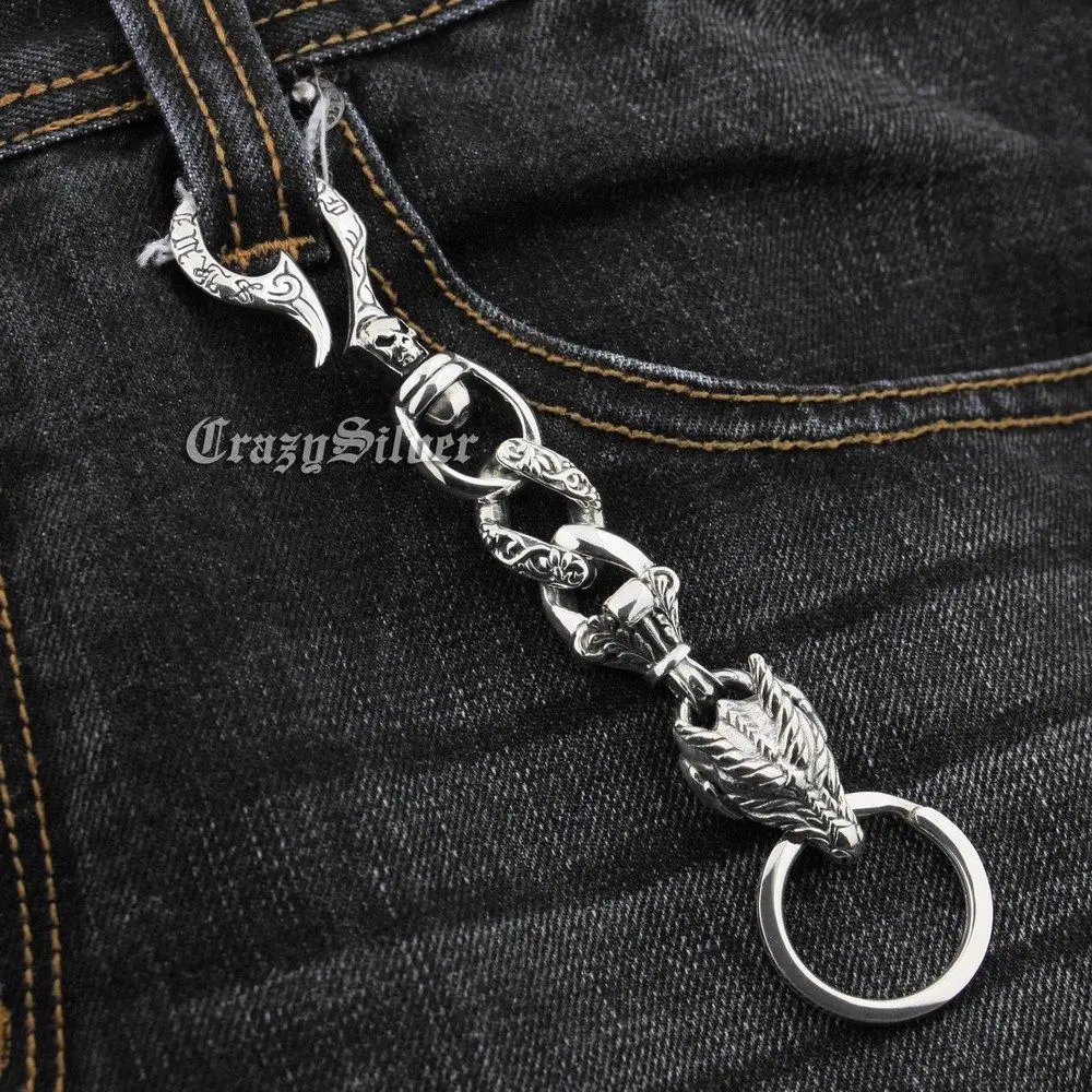 925 Sterling Silver Skull Hook Dragon Mens Biker Rocker Keychain 8F013KC Punk Accessory