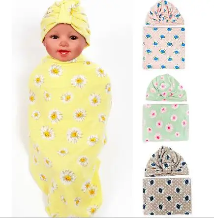 Baby Swaddle Blanket Set with Knot Top Hat Newborn Shower Gift Floral Parrern Hospital waddle set with cap Cotton 1set