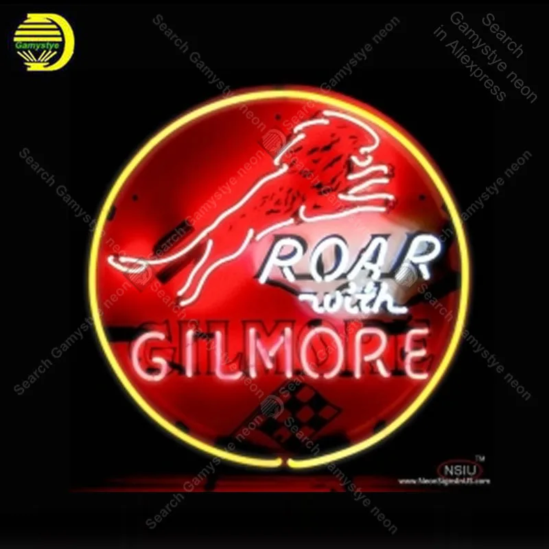 NEON SIGN For Roar with Gilmo Gasoline NEON Bulbs Lamp lion GLASS Tubes Art Decor Garage Room Advertise Oil station Print LOGO