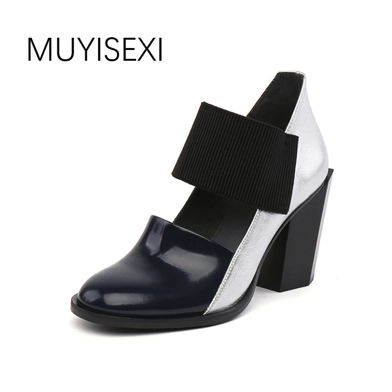 Women Shoes High Heel Platform Round Toe Mixed Color Genuine Leather Cylinder High Heel Autumn Shoes Women Pumps HL087 MUYISEXI